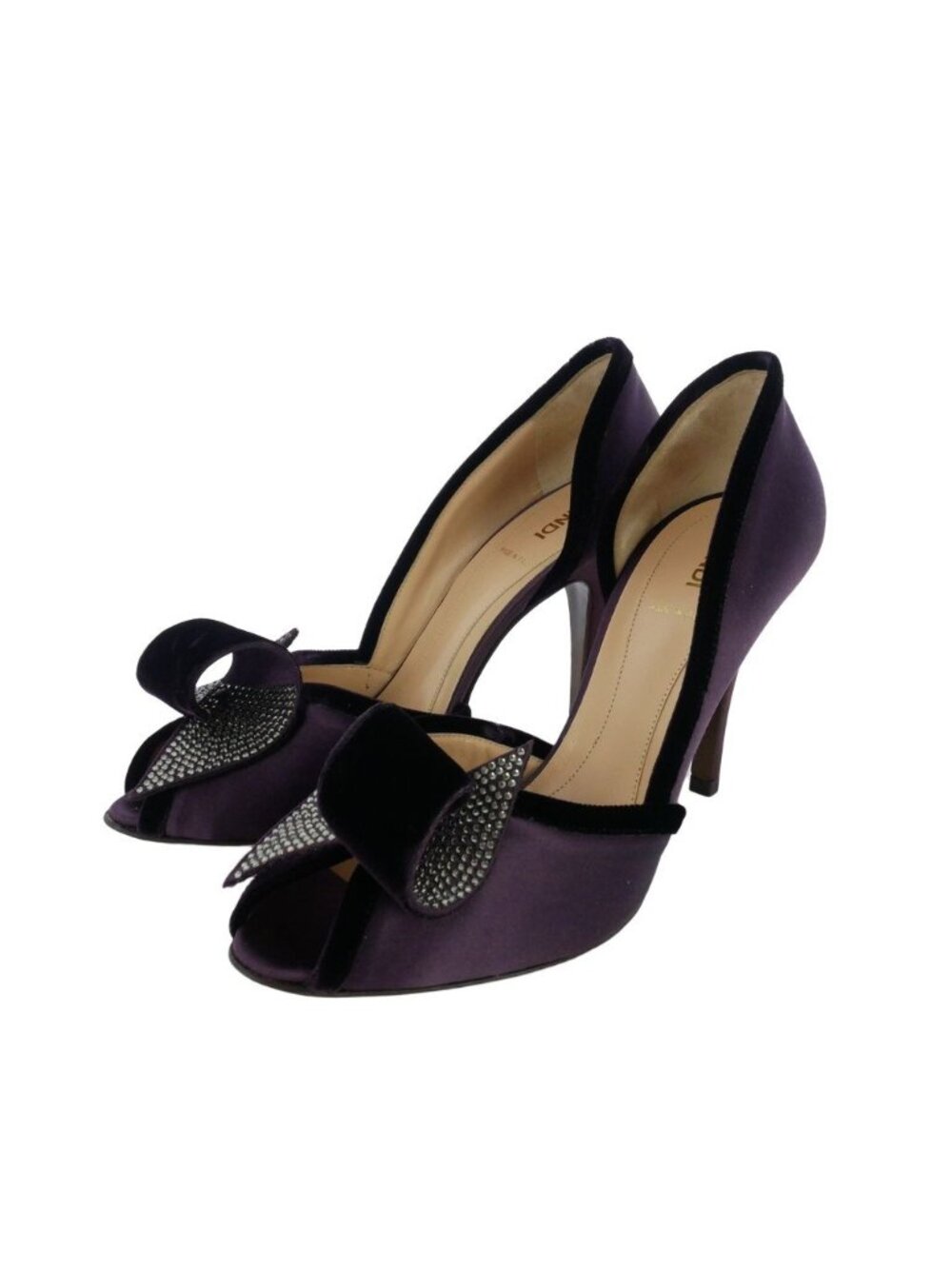 Fendi Velvet Satin Ribbon Heels Pumps Rhinestone Purple